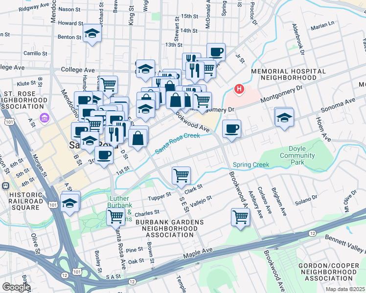 map of restaurants, bars, coffee shops, grocery stores, and more near 887 Sonoma Avenue in Santa Rosa