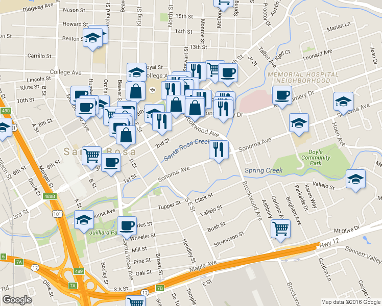 map of restaurants, bars, coffee shops, grocery stores, and more near 887 Sonoma Avenue in Santa Rosa