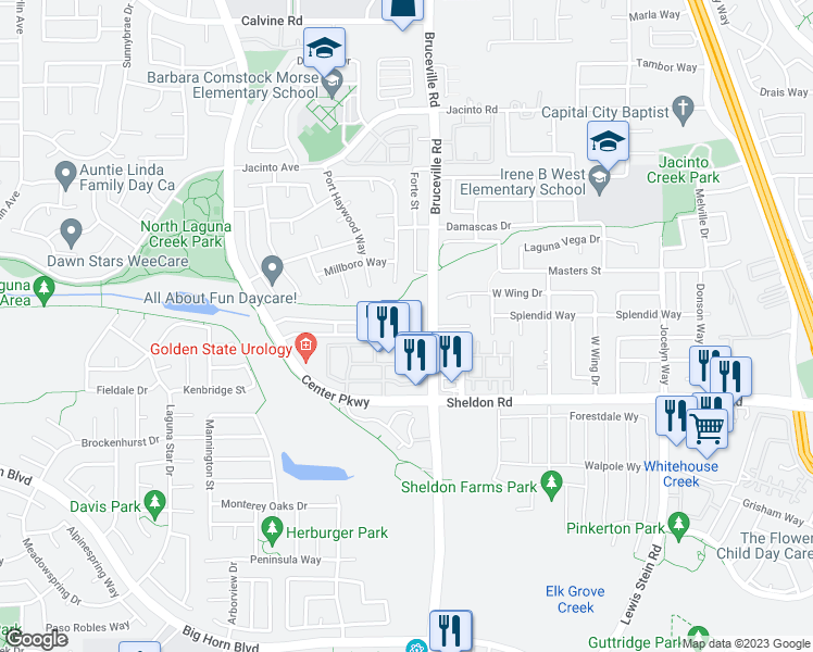 map of restaurants, bars, coffee shops, grocery stores, and more near 8740 Bruceville Road in Elk Grove