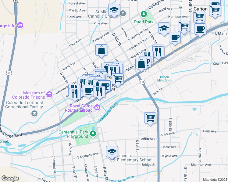map of restaurants, bars, coffee shops, grocery stores, and more near 612 Royal Gorge Boulevard in Cañon City