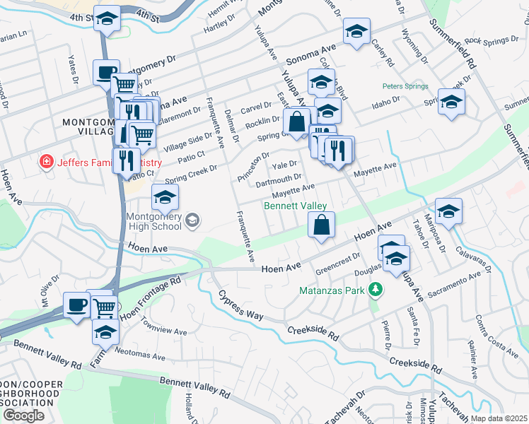 map of restaurants, bars, coffee shops, grocery stores, and more near 1246 Martha Way in Santa Rosa