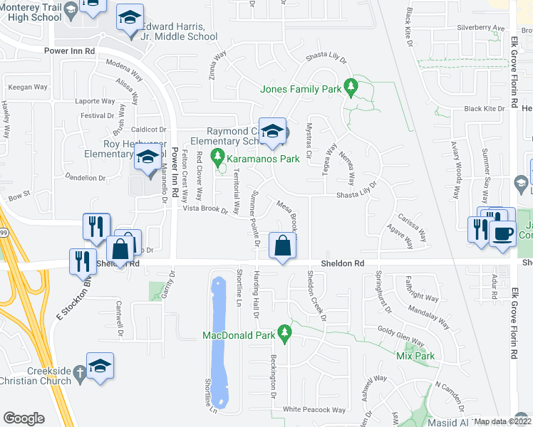 map of restaurants, bars, coffee shops, grocery stores, and more near 8565 Summer Knoll Way in Elk Grove