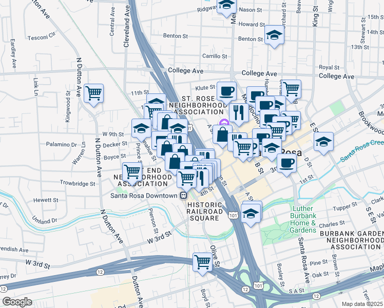 map of restaurants, bars, coffee shops, grocery stores, and more near 610 Davis Street in Santa Rosa