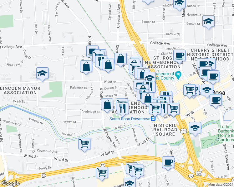 map of restaurants, bars, coffee shops, grocery stores, and more near 223 Boyce Street in Santa Rosa