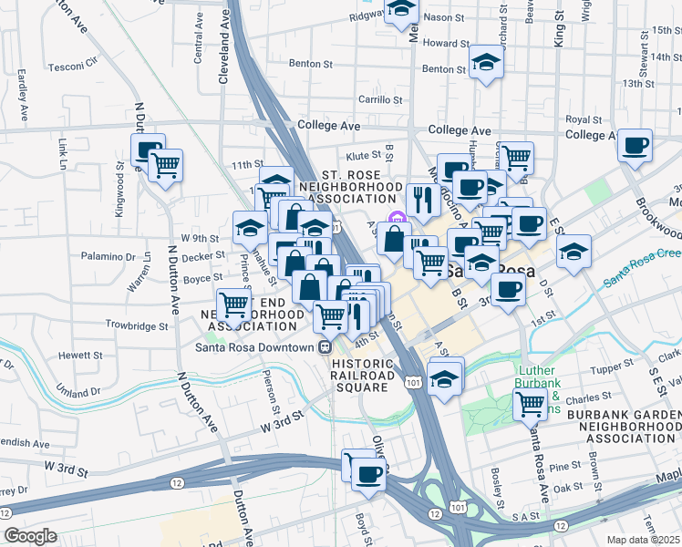 map of restaurants, bars, coffee shops, grocery stores, and more near 610 Davis Street in Santa Rosa