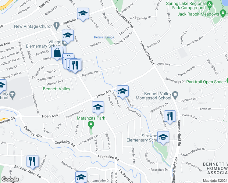 map of restaurants, bars, coffee shops, grocery stores, and more near 1618 Mariposa Drive in Santa Rosa