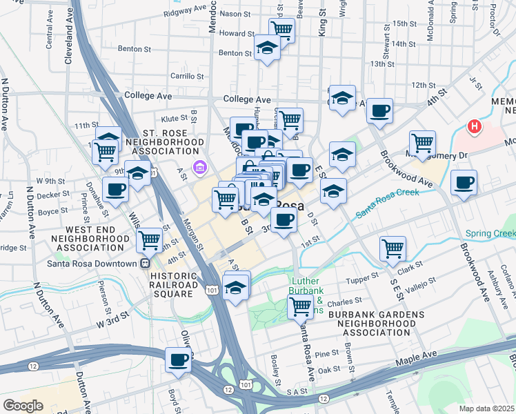 map of restaurants, bars, coffee shops, grocery stores, and more near 1350 S Eliseo Dr in Santa Rosa