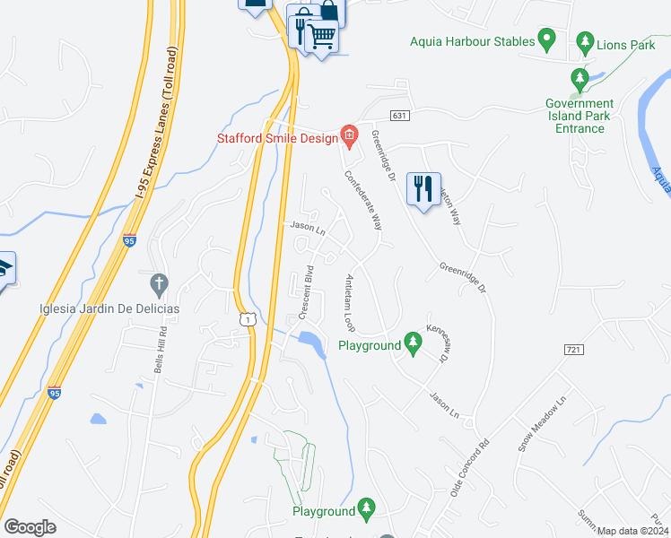 map of restaurants, bars, coffee shops, grocery stores, and more near 214 Malvern Hill Court in Stafford