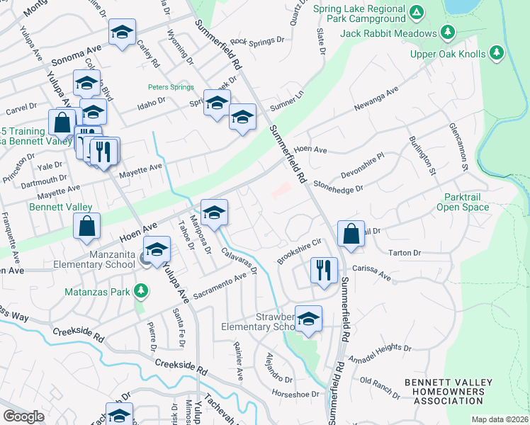 map of restaurants, bars, coffee shops, grocery stores, and more near 2310 Sierra Creek Circle in Santa Rosa