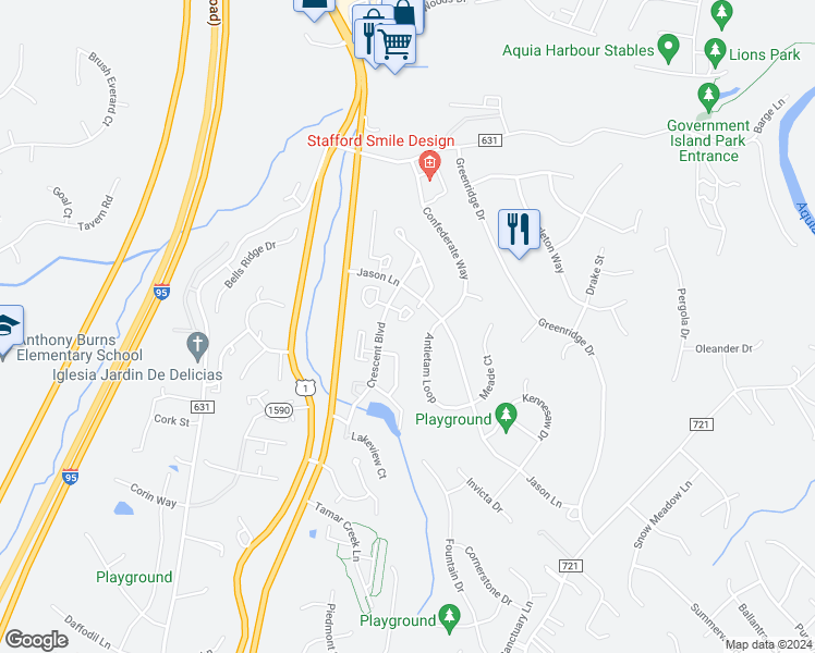 map of restaurants, bars, coffee shops, grocery stores, and more near 210 Malvern Hill Court in Stafford