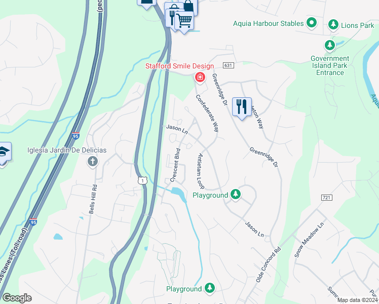 map of restaurants, bars, coffee shops, grocery stores, and more near 208 Malvern Hill Court in Stafford