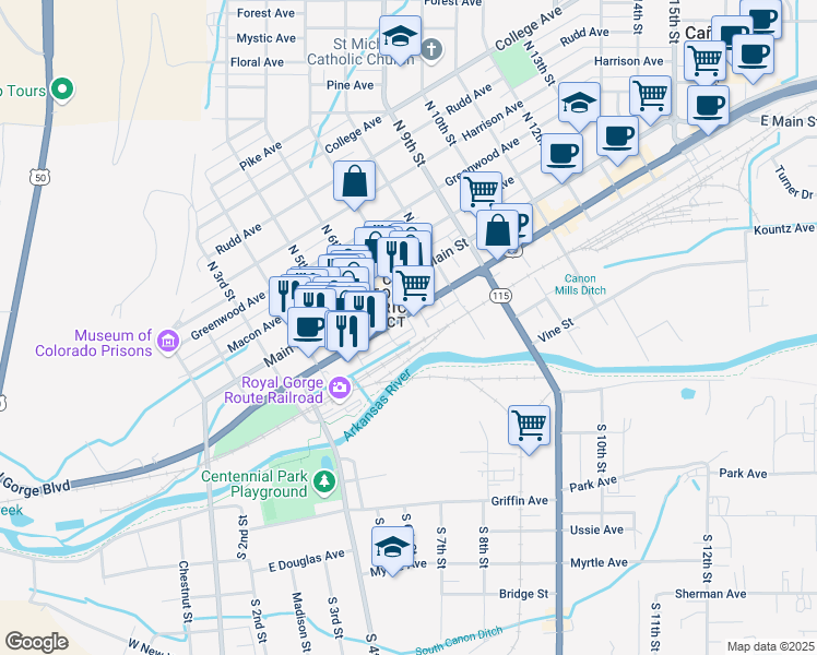 map of restaurants, bars, coffee shops, grocery stores, and more near 612 Royal Gorge Boulevard in Cañon City
