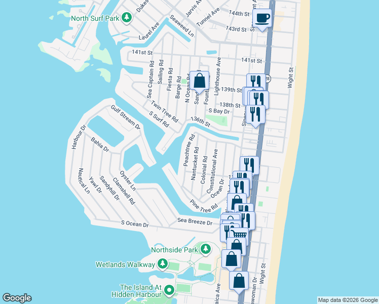 map of restaurants, bars, coffee shops, grocery stores, and more near 13325 Peachtree Road in Ocean City
