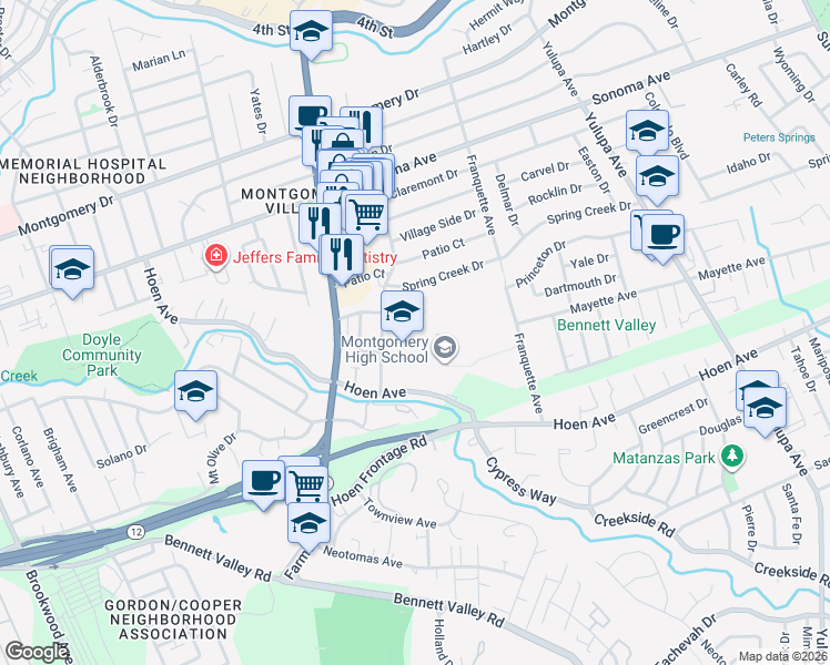 map of restaurants, bars, coffee shops, grocery stores, and more near 1250 Hahman Drive in Santa Rosa