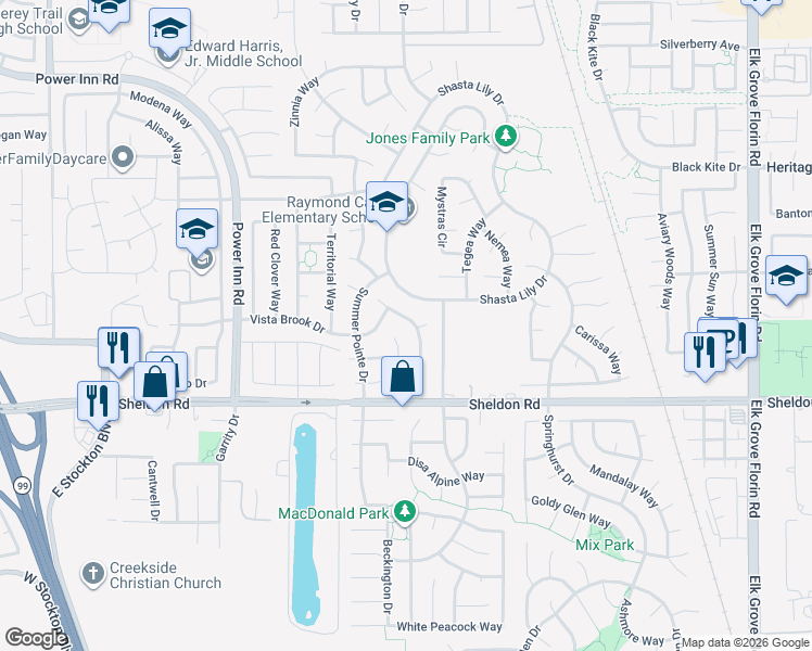 map of restaurants, bars, coffee shops, grocery stores, and more near 8726 Mesa Brook Way in Elk Grove