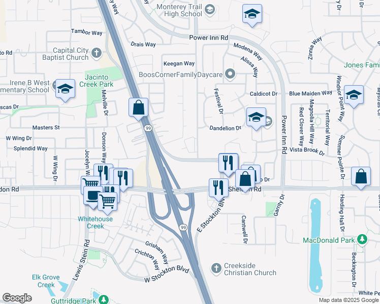 map of restaurants, bars, coffee shops, grocery stores, and more near 8740 Auberry Drive in Sacramento