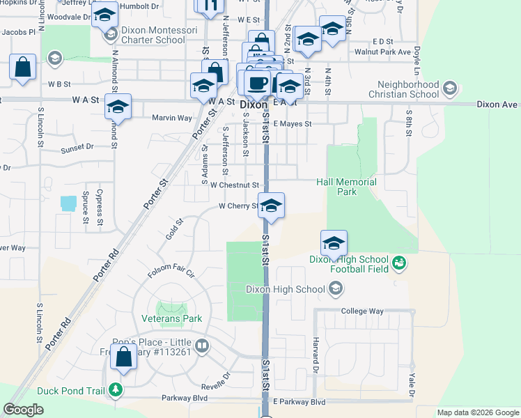 map of restaurants, bars, coffee shops, grocery stores, and more near 125 West Cherry Street in Dixon