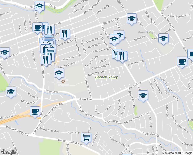map of restaurants, bars, coffee shops, grocery stores, and more near 1243 Martha Way in Santa Rosa