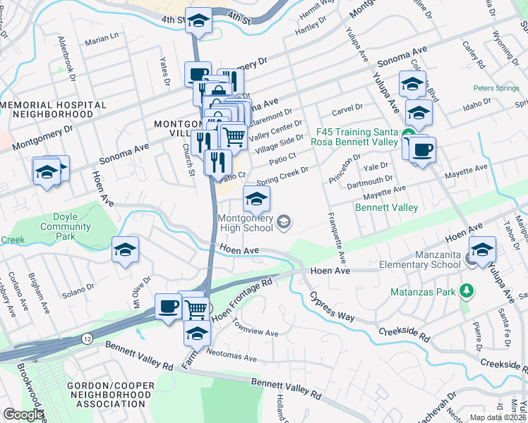 map of restaurants, bars, coffee shops, grocery stores, and more near 1250 Hahman Drive in Santa Rosa