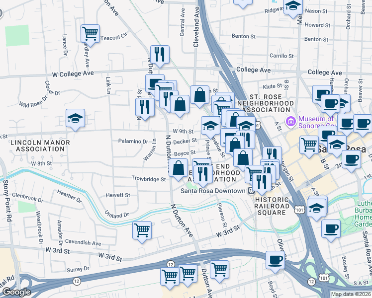 map of restaurants, bars, coffee shops, grocery stores, and more near 804 Coulter Street in Santa Rosa