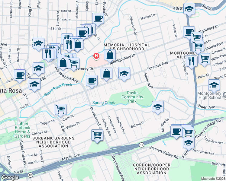 map of restaurants, bars, coffee shops, grocery stores, and more near 1144 Sonoma Avenue in Santa Rosa
