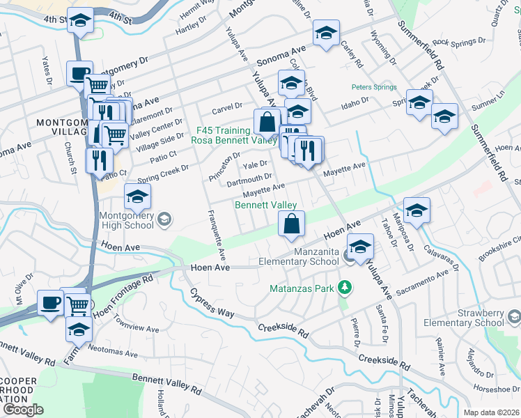map of restaurants, bars, coffee shops, grocery stores, and more near 1225 Bertha Lane in Santa Rosa