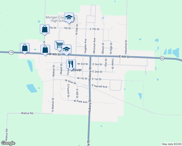 map of restaurants, bars, coffee shops, grocery stores, and more near 101 Hickory Street in Stover