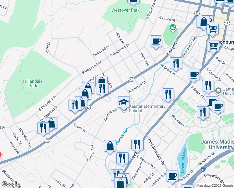 map of restaurants, bars, coffee shops, grocery stores, and more near 188 Logan Lane in Harrisonburg