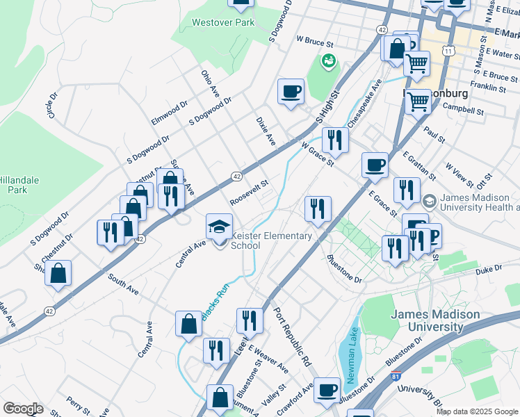 map of restaurants, bars, coffee shops, grocery stores, and more near 121 New York Avenue in Harrisonburg