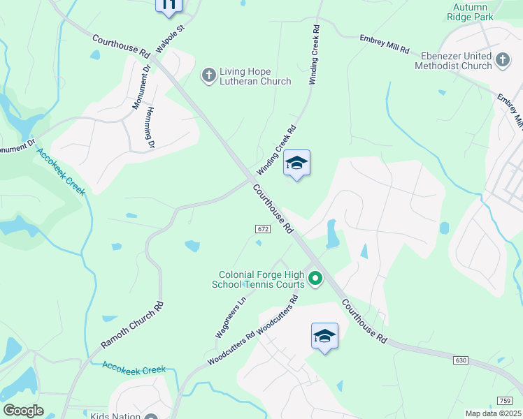 map of restaurants, bars, coffee shops, grocery stores, and more near 440 Courthouse Road in Stafford