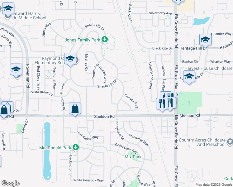 map of restaurants, bars, coffee shops, grocery stores, and more near 8705 Chamomile Court in Elk Grove