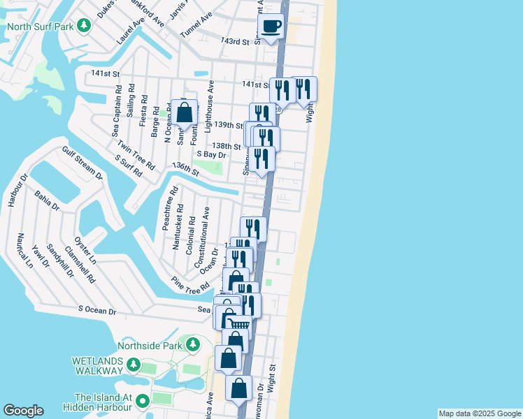 map of restaurants, bars, coffee shops, grocery stores, and more near 103 135th Street in Ocean City