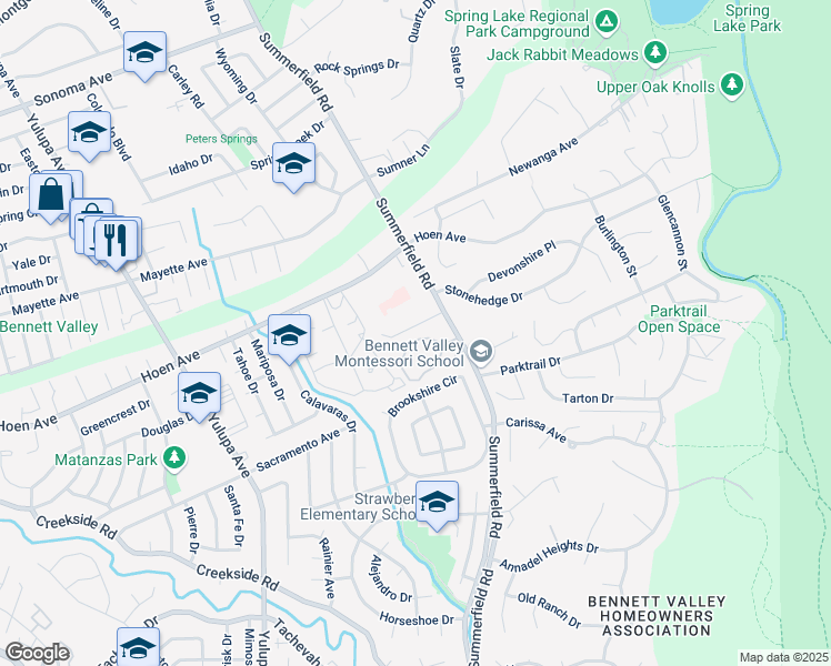 map of restaurants, bars, coffee shops, grocery stores, and more near 4640 Summerhays Place in Santa Rosa