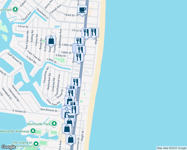 map of restaurants, bars, coffee shops, grocery stores, and more near 13500 Wight Street in Ocean City