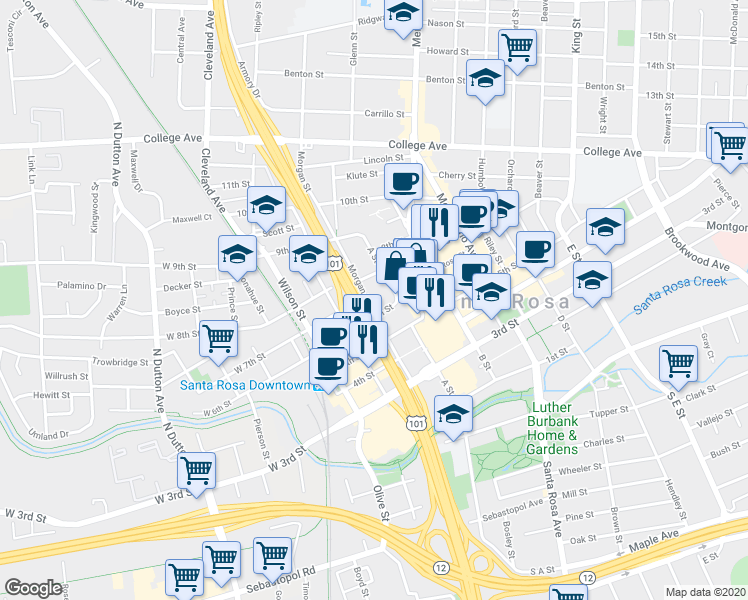 map of restaurants, bars, coffee shops, grocery stores, and more near 516 Morgan Street in Santa Rosa