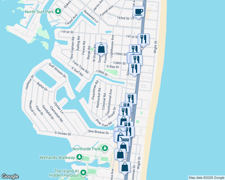 map of restaurants, bars, coffee shops, grocery stores, and more near 13328 Constitutional Avenue in Ocean City