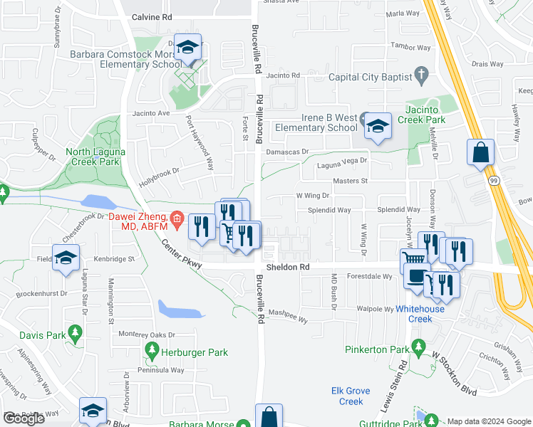 map of restaurants, bars, coffee shops, grocery stores, and more near 6 Seasmoke Place in Elk Grove