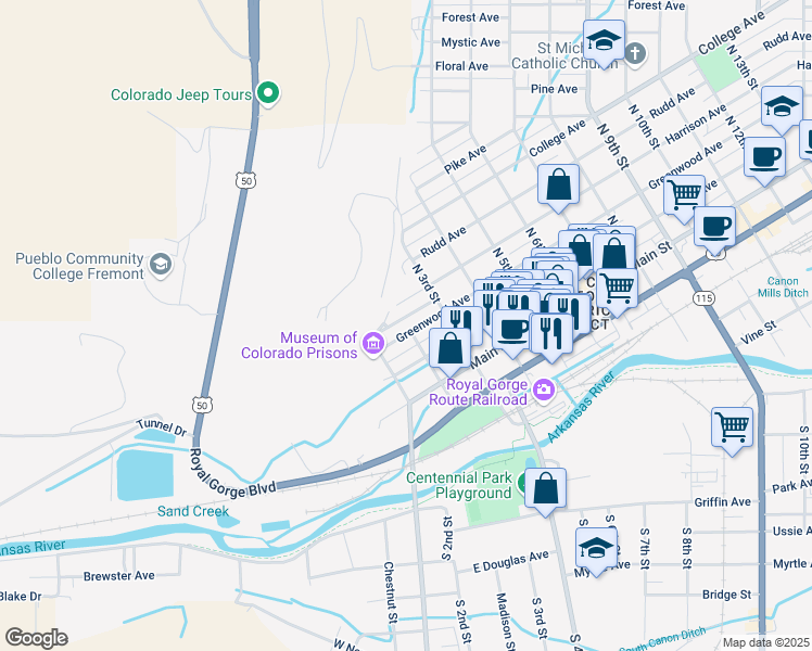 map of restaurants, bars, coffee shops, grocery stores, and more near 133 Greenwood Avenue in Cañon City