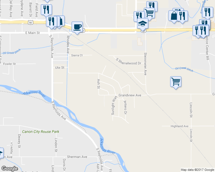 map of restaurants, bars, coffee shops, grocery stores, and more near 3040 Stratmoor Drive in Cañon City