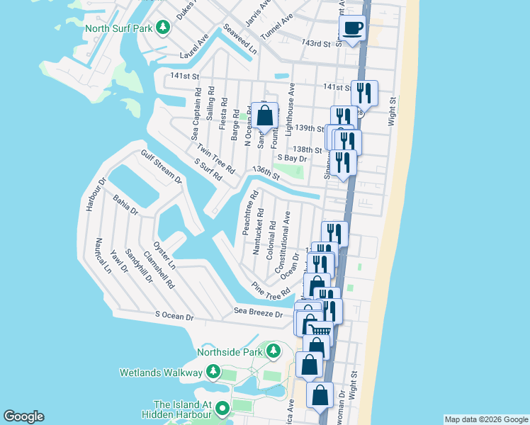map of restaurants, bars, coffee shops, grocery stores, and more near 13326 Nantucket Road in Ocean City