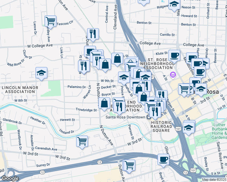 map of restaurants, bars, coffee shops, grocery stores, and more near 804 Coulter Street in Santa Rosa