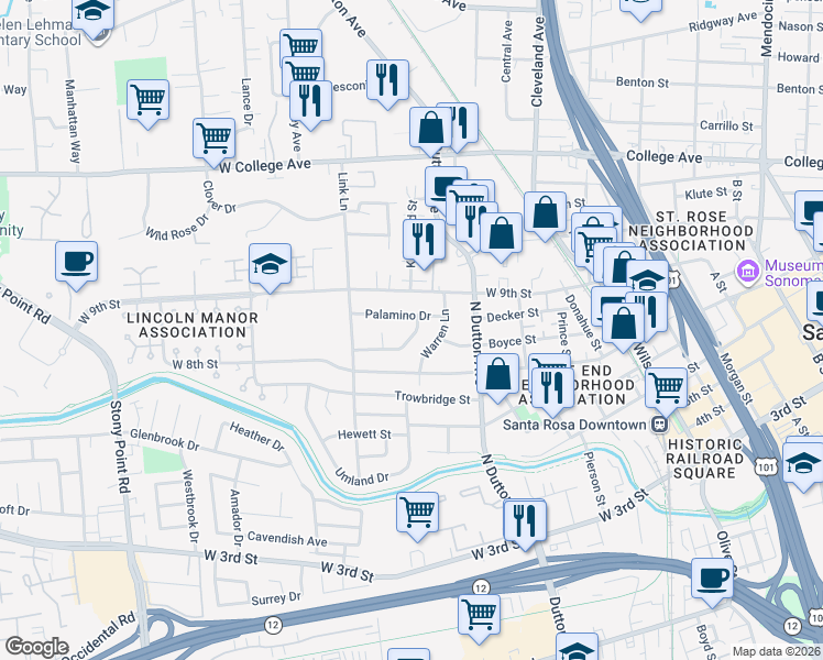 map of restaurants, bars, coffee shops, grocery stores, and more near 611 Sunny Manor Way in Santa Rosa
