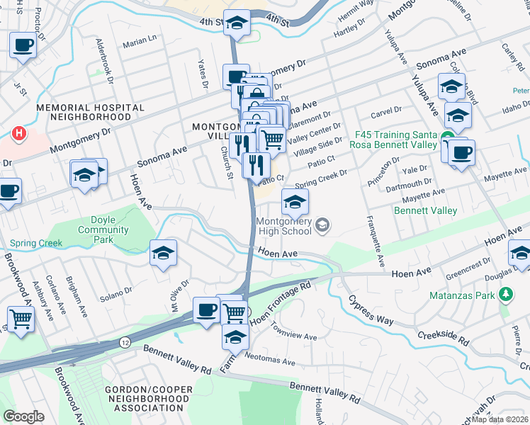 map of restaurants, bars, coffee shops, grocery stores, and more near 1225 Matanzas Way in Santa Rosa