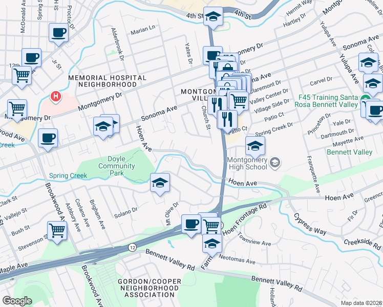 map of restaurants, bars, coffee shops, grocery stores, and more near 776 Hoen Court in Santa Rosa