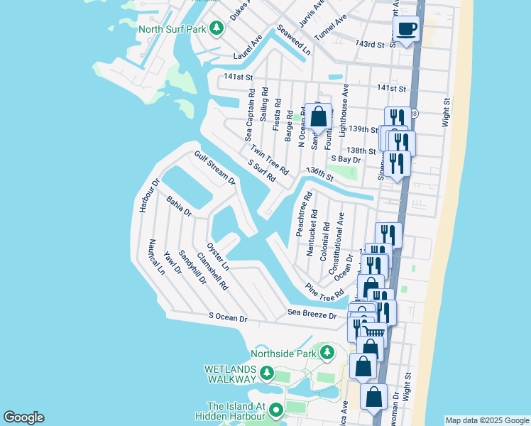 map of restaurants, bars, coffee shops, grocery stores, and more near 13501 Holly Lane in Ocean City