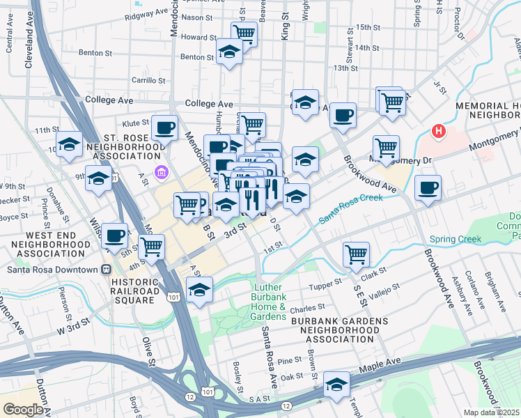 map of restaurants, bars, coffee shops, grocery stores, and more near 637 3rd Street in Santa Rosa