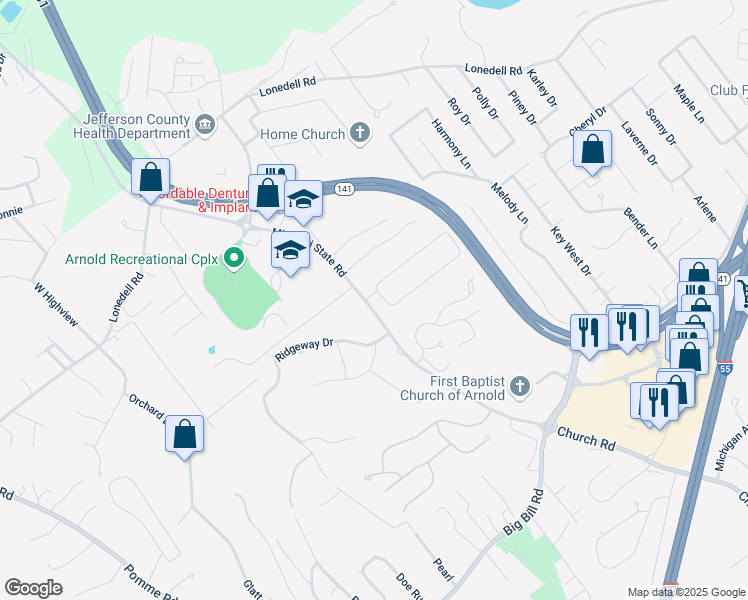 map of restaurants, bars, coffee shops, grocery stores, and more near 4 Anthony Court in Arnold