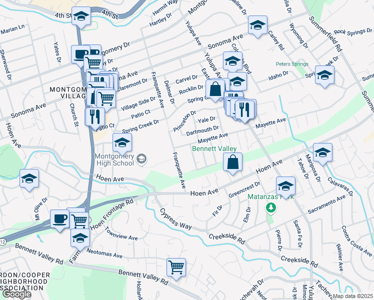 map of restaurants, bars, coffee shops, grocery stores, and more near 1243 Martha Way in Santa Rosa