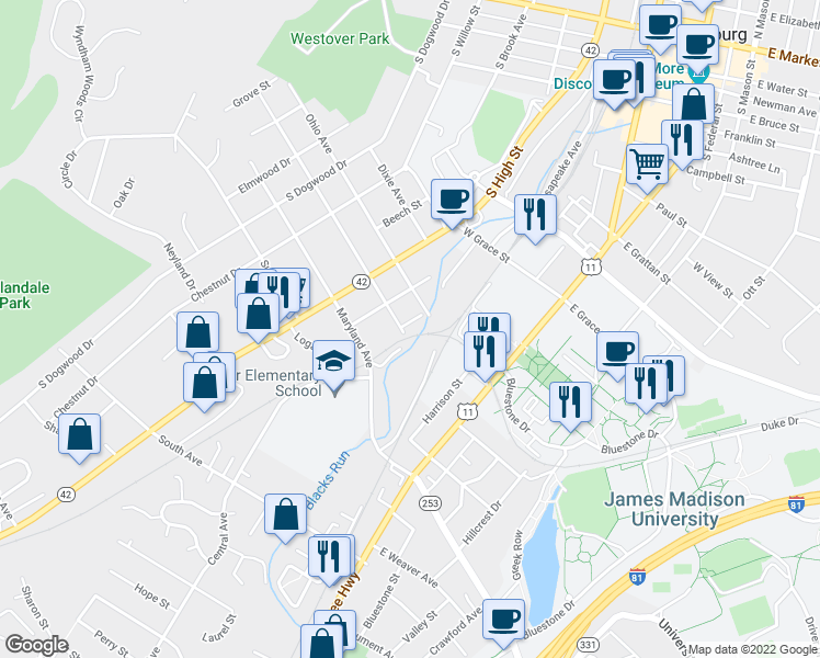 map of restaurants, bars, coffee shops, grocery stores, and more near 114 New York Avenue in Harrisonburg