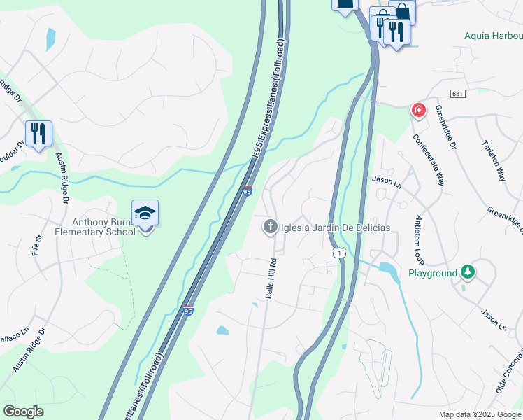 map of restaurants, bars, coffee shops, grocery stores, and more near 5 Belladonna Lane in Stafford